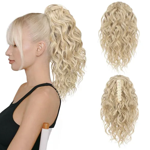 Vista 21 de Flufymooz Extensión de cola de caballo, extensión de cola de caballo corta de 12 pulgadas con pinza de garra, cabello ondulado rizado, clip