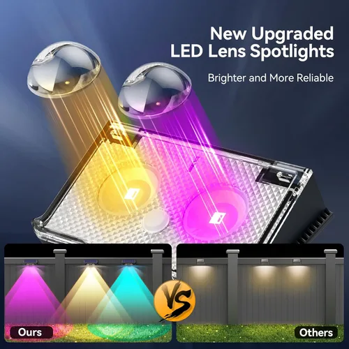 Vista 4 de TECKNET - Luces solares de valla para exteriores, paquete de 12 unidades, blanco cálido y 6 colores y RGB, luz de cubierta LED impermeable IP66