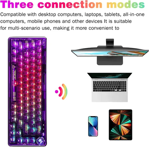 Vista 4 de CC MALL 60% Portable Transparent Gasket Mechanical Gaming Keyboard,RGB Backlit Compact 68 Clear Keycaps,Include 2.4GhzBluetoothUSB-C Connections,Ice