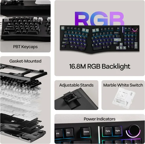 Vista 3 de MechLands Feker Alice98 Teclado mecánico ergonómico personalizado de 98 teclas, VIA programable, teclado para juegos con cable USB-C, intercambiable