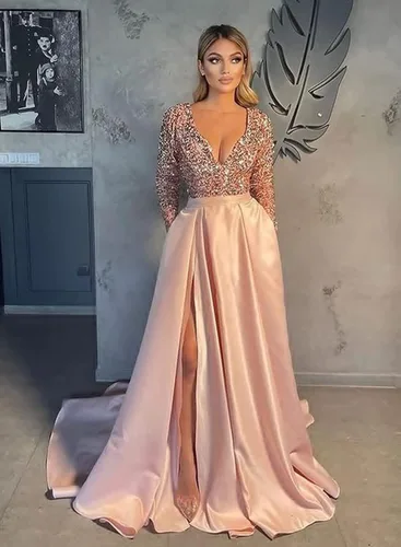 Vista 3 de Miao Duo YZTS055 - Vestido de fiesta de graduación con lentejuelas brillantes para mujer, con bolsillos, manga larga, de satén, formal