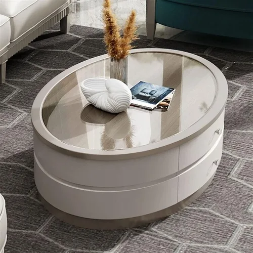 Vista 6 de Mesa de té para sala de estar, mesa de centro moderna con mesa única y base estable, mesa de sofá ovalada con 2 cajones grandes para sala de estar