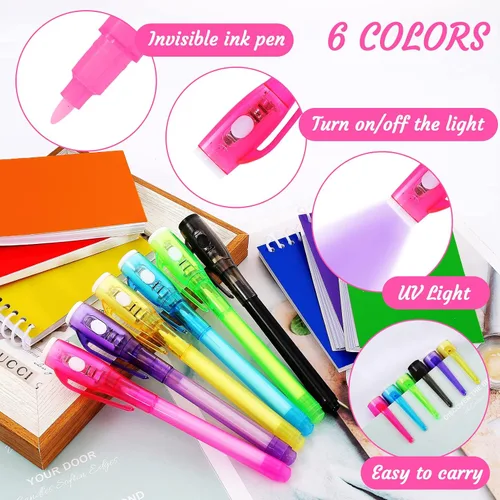 Vista 3 de 12 bolígrafos de tinta invisible y mini cuaderno, bolígrafo espía con luz UV para niños, bolígrafos de tinta que desaparecen para escribir mensajes