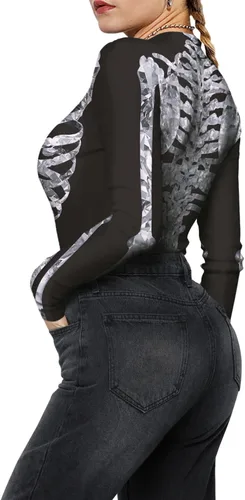 Vista 3 de Enterizo de esqueleto para mujer, con cremallera, traje sexy de una pieza para Halloween