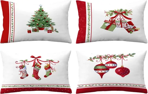 Vista 14 de Juego de 4 fundas de almohada de Navidad de 12 x 12 pulgadas, fundas de almohada de terciopelo de Navidad, fundas de almohada doradas y rojas