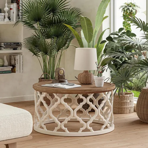 Vista 9 de COZAYH Mesa de centro redonda de granja, bandeja de madera envejecida con base curvada, mesa rústica bohemia para sala de estar, color blanco