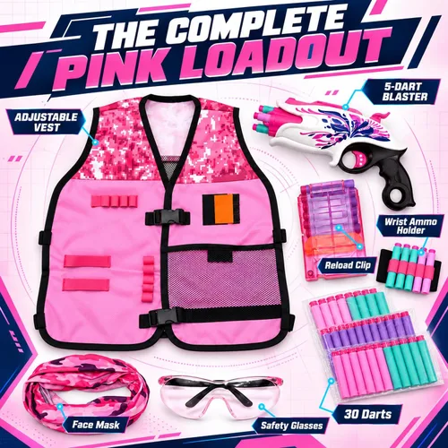 Vista 2 de Set de chaleco táctico rosa para niñas con pistola para Nerf Rebelle y N-Strike Elite Series con 30 dardos de recarga, clip de recarga rápida