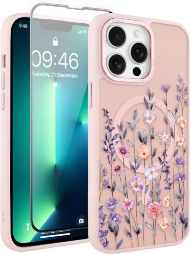 Vista 91 de Funda magnética para iPhone 13 con protector de pantalla [compatible con MagSafe], diseño de patrón floral de flores, a prueba de golpes, para Marrón