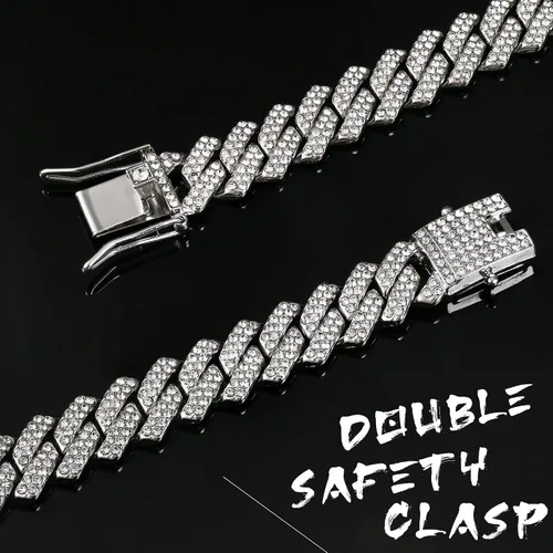 Vista 7 de Krfy Cuban Link Chain Necklace Bracelet Rhinestone Hoop Earrings Set Bling Necklace Bracelet Crystal Big Circle Earrings for Women Girls