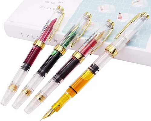 Vista 13 de Lanxivi 4 x Yongsheng 3008 Pluma estilográfica con plumín fino mejorado, ribete plateado, llenado por pistón, transparente