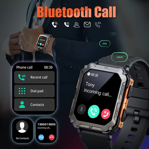 Vista 3 de meoonley Reloj inteligente militar resistente para hombres, reloj deportivo con respuesta/llamada IP68 1.83 pulgadas, rastreador de fitness