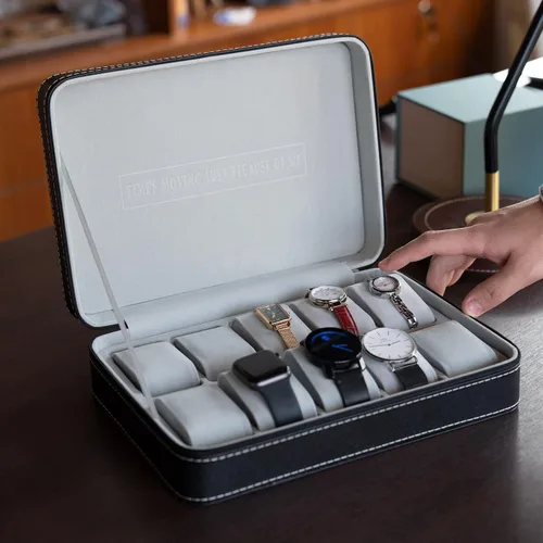 Vista 2 de OSVINO Caja de reloj con 10 ranuras con cremallera, caja de almacenamiento de reloj de piel sintética de lujo, organizador de exhibición