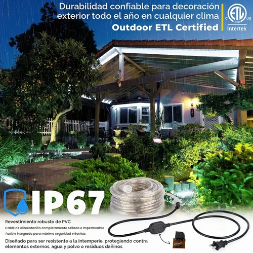 Vista 3 de luces LED en cuerda de 3/8 pulgadas color blanco -Tubo IP65 de PVC de cristal claro resistente al agua. Luces de decoración navideñas Blanco fresco