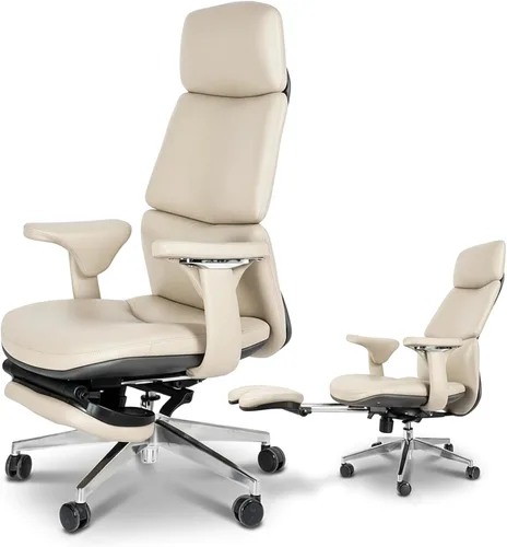 Vista 9 de Silla de oficina ergonómica de cuero genuino con reposapiés de Marrón