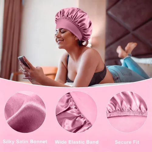 Vista 4 de 4 gorros de satén de seda para dormir, banda ancha elástica para mujeres y hombres, gorros de seda para cabello rizado para dormir