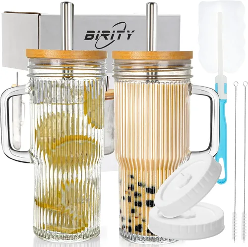 Vista 9 de Birity Vasos de vidrio de 16 onzas con tapas y popotes, vaso de vidrio con popote y tapa, tazas de café helado reutilizables para té, jugo
