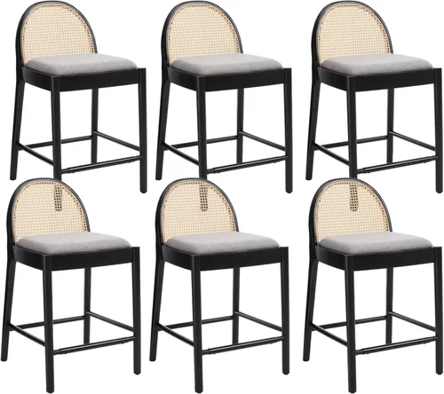 Vista 22 de HEAH-YO Taburetes de bar de ratán, juego de 2, taburetes de barra de 26 pulgadas de altura de mostrador con respaldos de ratán y patas de madera