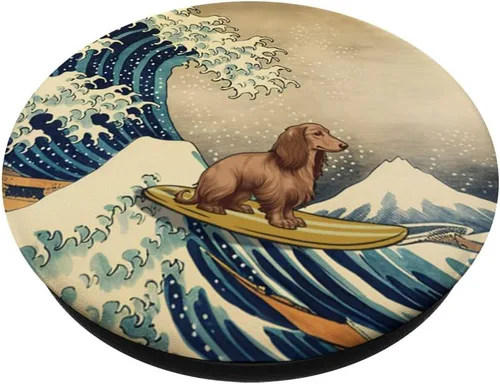 Vista 2 de Surfeando perro salchicha de pelo largo Kanagawa Wave PopSockets PopSockets intercambiables PopGrip