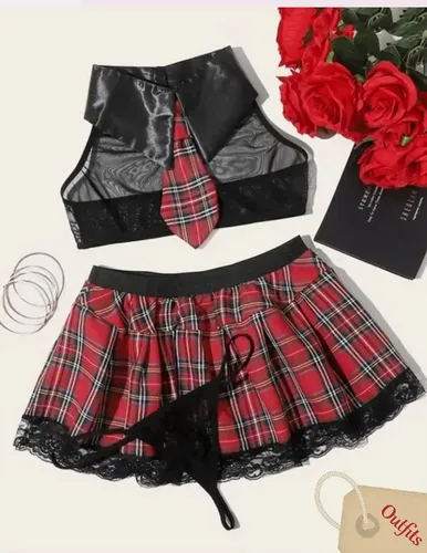 Vista 3 de Avidlove - Conjunto de lencería sexy para mujer, disfraz de colegiala con top, corbata y minifalda