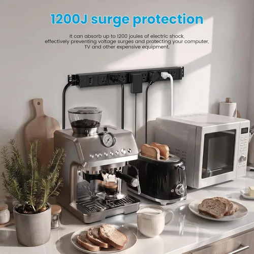 Vista 6 de HHSOET Regleta de alimentación de metal con montaje giratorio de 360°, tira de alimentación montada en mesa para juegos con 8 tomas, protector