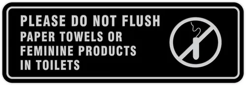 Vista 24 de All Quality Estándar Please Do Not Flush Toallas de papel o productos femeninos en inodoros puerta o pared Letrero Negro - Pequeño (1 paquete)