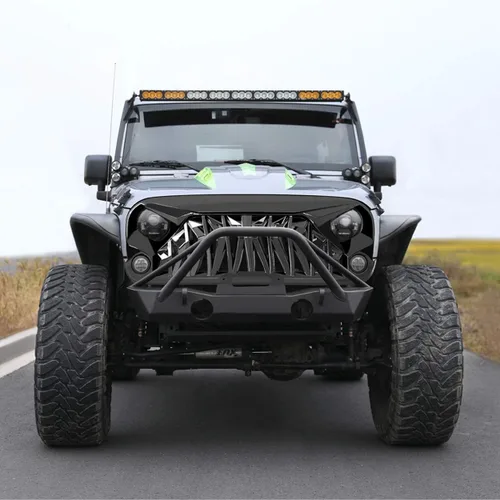 Vista 6 de JK Parrilla frontal de tiburón negro brillante compatible con Jeep Wrangler Rubicon Sahara Sport 2007-2018, ABS