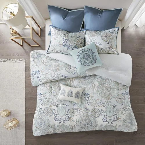Vista 3 de Madison Park Juego de temporada, falda de cama a juego, almohadas decorativas, Queen (90 x 90 pulgadas), Isla, medallón floral azul, 8 piezas