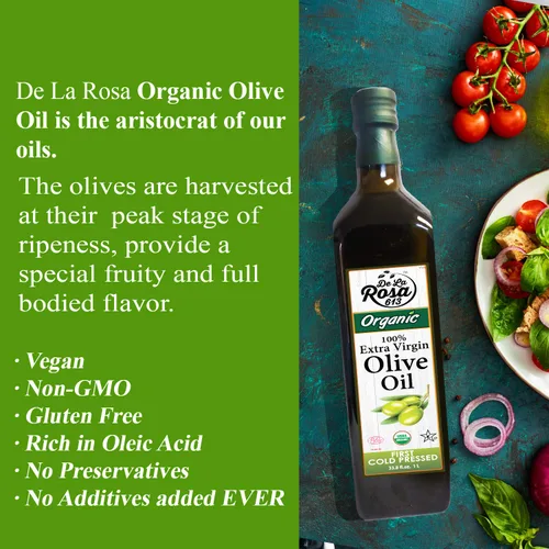 Vista 2 de Aceite de oliva virgen extra 100% orgánico - De La Rosa 1 litro - Primero prensado en frío, vegano, sin gluten y kosher Afrutado y con cuerpo