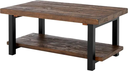 Vista 9 de Pomona - Mesa auxiliar rectangular de madera maciza de 42 pulgadas con estante de almacenamiento y patas de metal, mesa rústica industrial para sala
