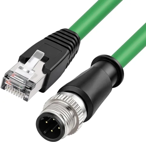 Vista 2 de M12 4 Pin D-Coded macho a RJ45 Ethernet Cat5e Cable de red para sistema de visión industrial PoE Automatización alta Flex Blindado Verde 3.3 ft