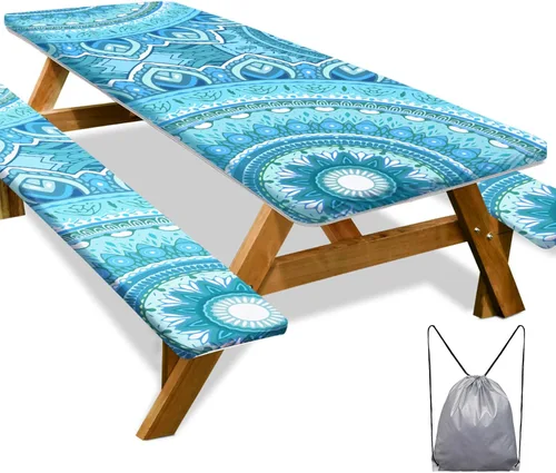 Vista 19 de Mantel de mesa de picnic con fundas de banco de 6 pies, 3 piezas, impermeable, resistente al viento, mantel de camping estético con bolsa