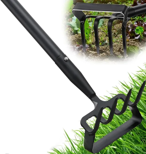 Vista 9 de Ihomepark Azada de jardín, azada de estribo con mango ajustable para excavadora de deshierbe aflojando el suelo, azada de cultivo de jardín