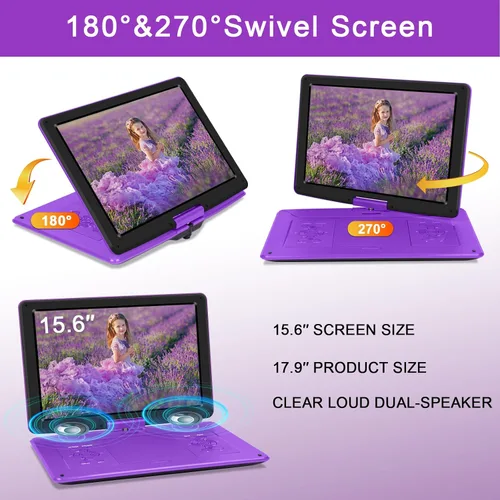 Vista 3 de YOOHOO Reproductor de DVD portátil de 17.9 pulgadas con pantalla giratoria grande de 15.6 pulgadas, reproductor de DVD portátil con batería de 6