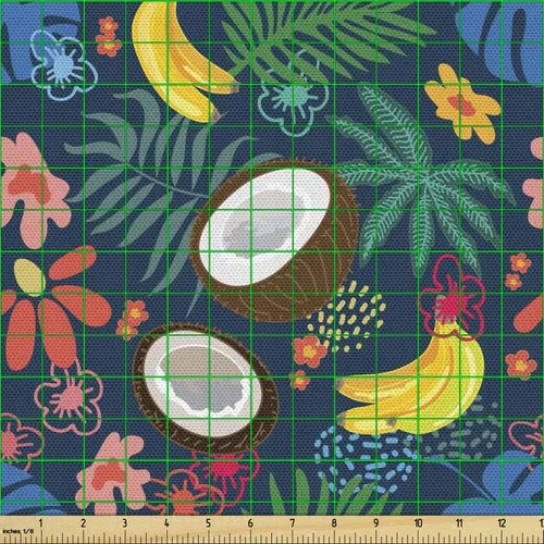 Vista 2 de Lunarable Tela tropical de The Yard, composición de dibujos animados de cocos, plátanos y flores, tela decorativa para tapicería y detalles