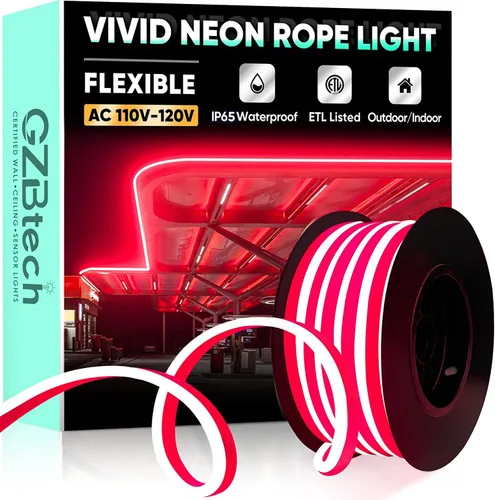 Vista 25 de GZBtech Tira de luces LED flexibles de neón de 16.4 pies, tira de luz impermeable CA de 110-120 V, 120 LEDs/M, iluminación de neón conectable
