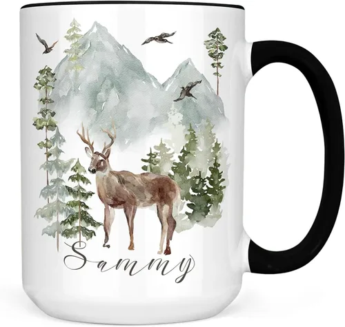 Vista 5 de Deer Mountain Personalized Name Ceramic Coffee Mug, 11 or 15 oz 11 oz Black Accent