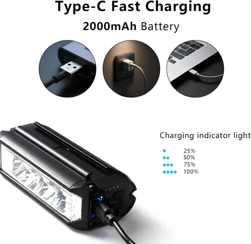 Vista 3 de Barra de luz para bicicleta eléctrica, batería recargable de luz frontal súper brillante, IPX5 impermeable, 5 modos de faros de bicicleta