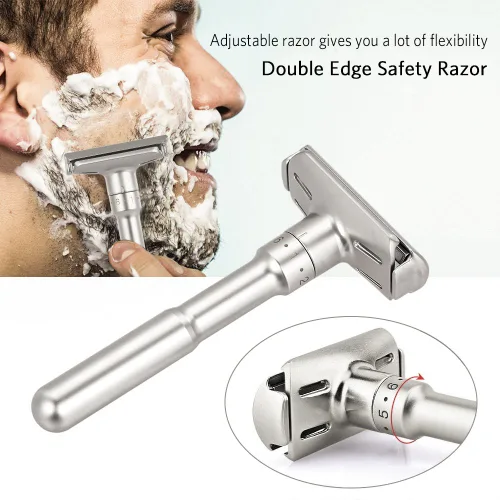 Vista 2 de River Lake RZ700 - Maquinilla de afeitar de seguridad clásica ajustable con mango largo (Razor con funda protectora y soporte)