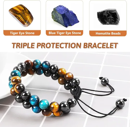 Vista 17 de MIDON - Pulsera de ojo de tigre, pulsera de triple protección para hombres y mujeres, hecha a mano, cuentas de ojo de tigre, hematita y obsidiana