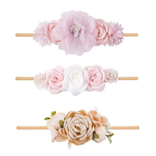 Vista 18 de Diadema floral de nailon para bebé, corona de flores, banda elástica para el cabello, 3 piezas, accesorios para el cabello, regalo para niñas, 2#