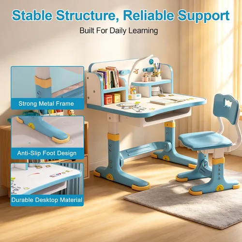Vista 6 de HEVIRGO Kids Desk and Chair Set – Height Adjustable Blue Study Table