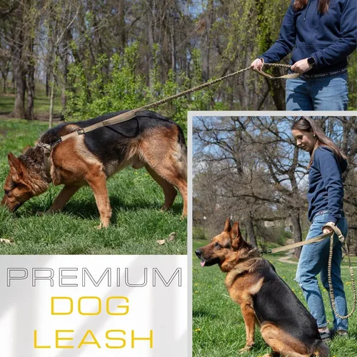 Vista 6 de ADITYNA - Correa elástica táctica para perro, 6-7.5 pies, perros medianos, grandes y XL Shock-absorbing bungee leash with 2 padded handles, metal