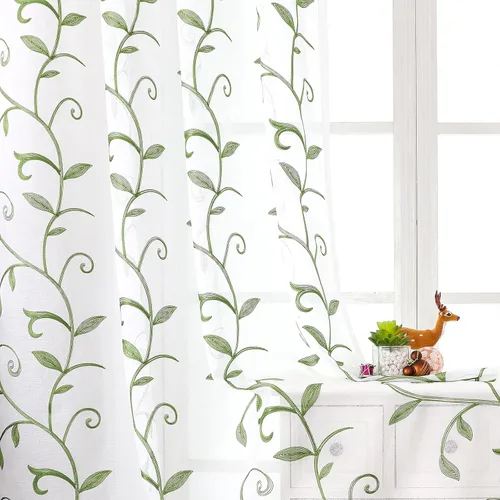 Vista 51 de VISIONTEX 2 paneles de cortinas traslúcidas de 63 in de largo, cortinas de gasa semitransparentes bordadas con hojas florales beige, bolsillo
