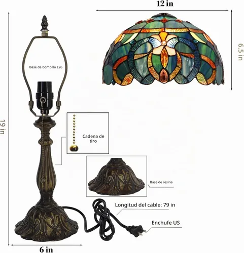 Vista 3 de Tiffany Table Lamp Stained Glass Bedside Reading Light W12H19 inch