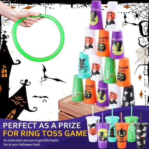 Vista 3 de Mifoci 36 vasos de plástico de Halloween para niños a granel con tapas y (Classic Color)