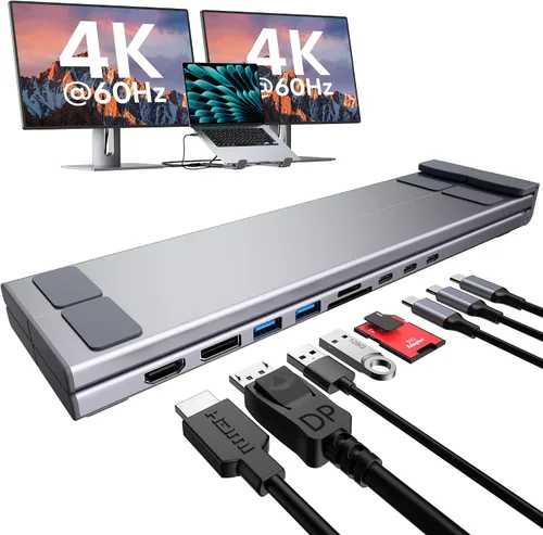 Vista 11 de Base de acoplamiento USB C de 5 en 1 con soporte para portátil de aluminio ajustable, concentrador USB C con 4 puertos USB A 3.0 con transferencia