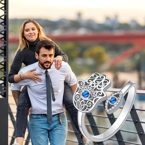 Vista 6 de Hamsa Hand of Fatima Lotus Evil EyeLove HeartButterflyRose Spoon Adjustable Open Rings 925 Sterling Silver Statement Ring Jewelry Gifts for Women