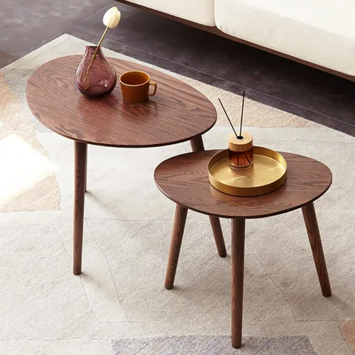 Vista 2 de Mesa de centro ovalada 100% madera de roble macizo, pequeña mesa de centro moderna de mediados de siglo y mesa auxiliar lateral redonda, fácil