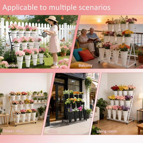 Vista 8 de Soporte de exhibición de flores de 3 niveles, soporte móvil de metal para plantas con 12 cubos, carrito de flores con ruedas, adecuado