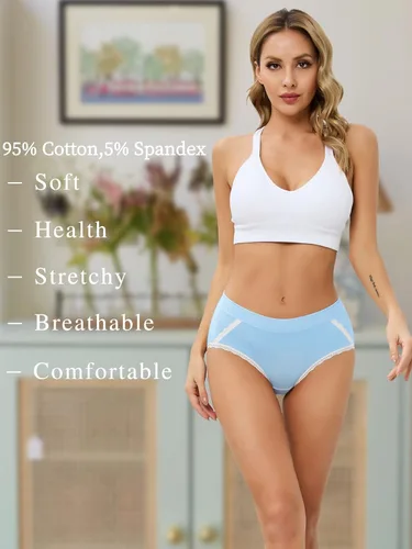 Vista 4 de VIVISOO Ropa interior de algodón para mujer, linda, de encaje, suave, transpirable, sin rollitos, paquete múltiple